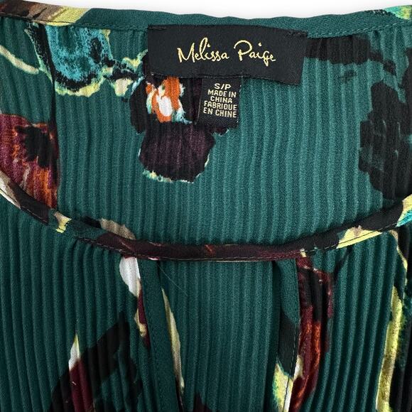 Melissa Paige Pleated Floral Blouse Top Cold Shoulder Ruffle Sleeve Green Small - Picture 7 of 8
